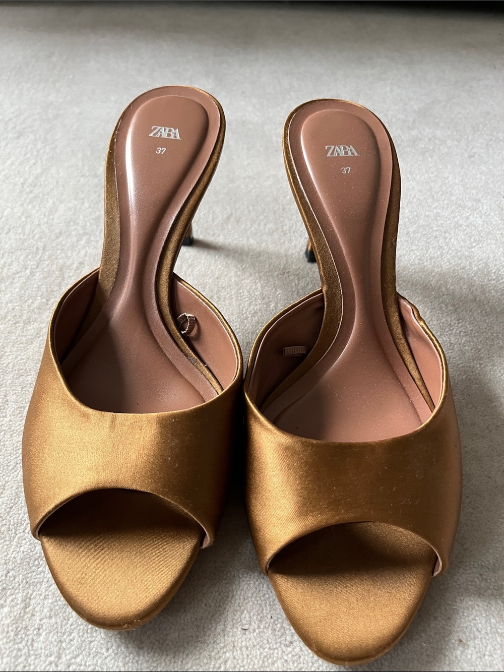 Zara Metallic Bronze Satin Open-Toe Mule Heels